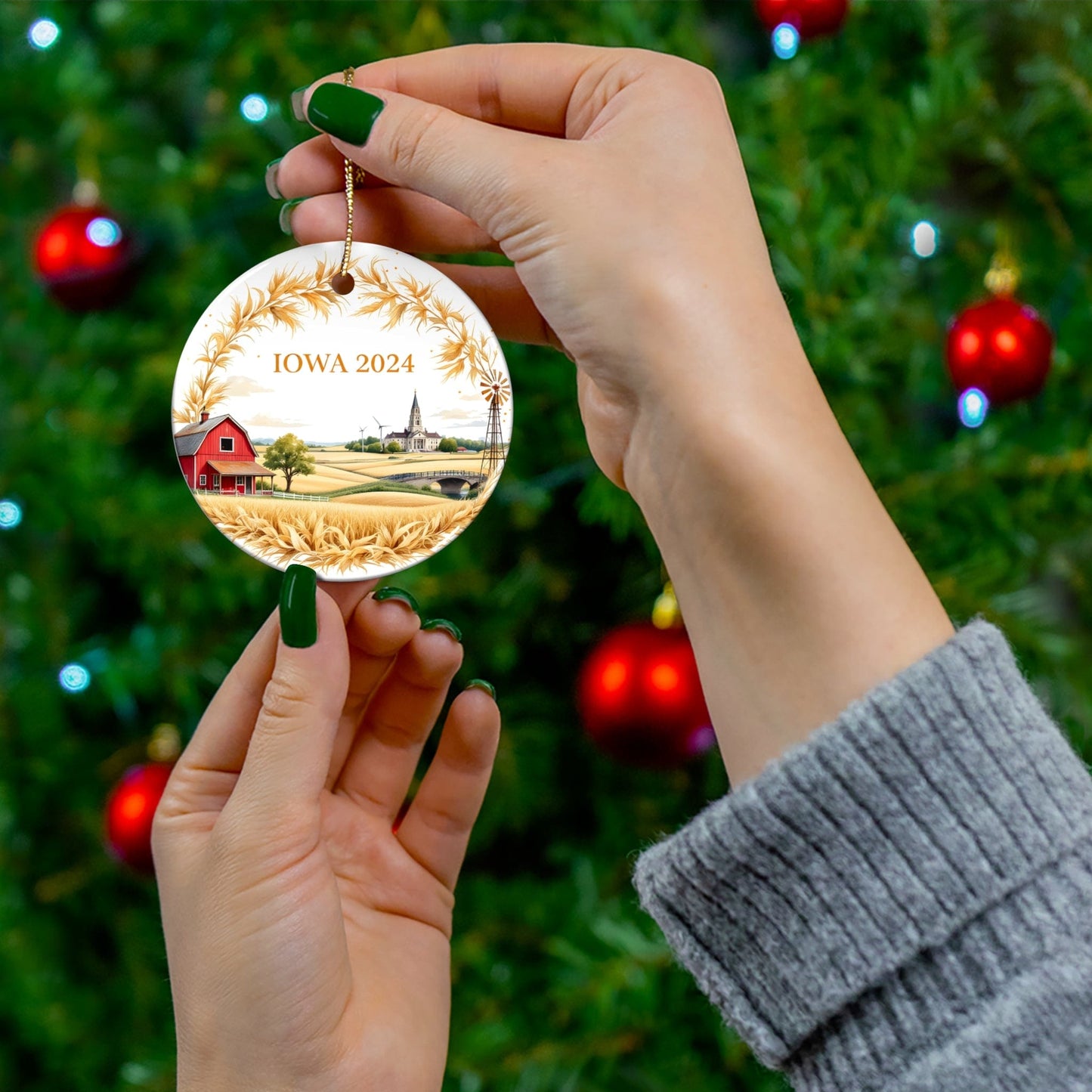 2024 Golden IOWA State Ceramic Ornament - Unique Artist-Designed Circle Bauble (3mm) | | Year-Round Gift for Home Decor, Collectors & Travel Enthusiasts