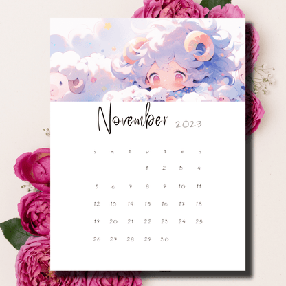 High-resolution A4-sized calendar for November 2023 by Sarsari Creations with captivating anime illustrations.