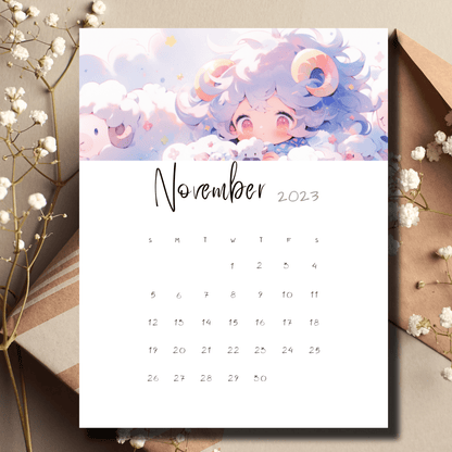 Digital download of Sarsari Creations' November 2023 printable calendar, merging the world of anime with bullet journal planning.