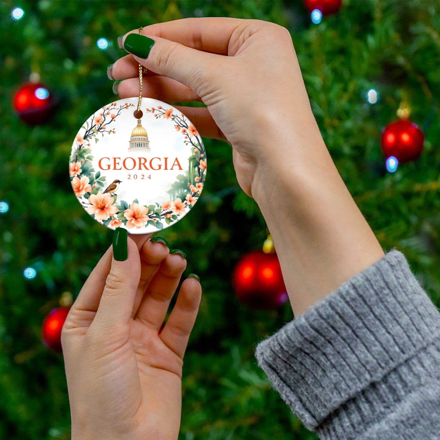 2024 Georgia Peach Ceramic Christmas Ornament - Unique Artist-Designed Flat Circle Bauble (3mm) | Perfect Gift for Family, Friends & Coworkers