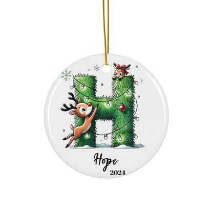 White Green Initial Letter H English Alphabet Monogrammed Custom Flat Circle Ceramic Ornament 2024 3mm | Hanging Tree Gift for Baby's First Christmas