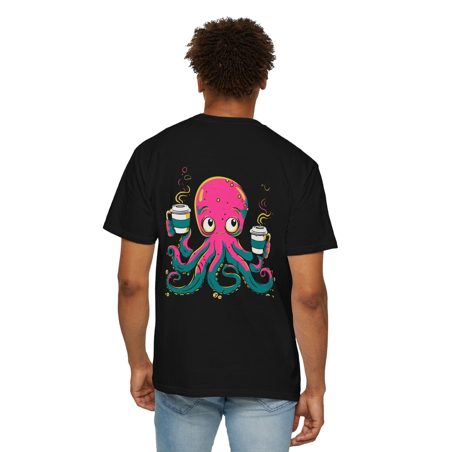 Funny Coffee Octopus Cotton Graphic T-shirt Back Print Unisex - Black/True Navy, Coffee Drinker Shirt