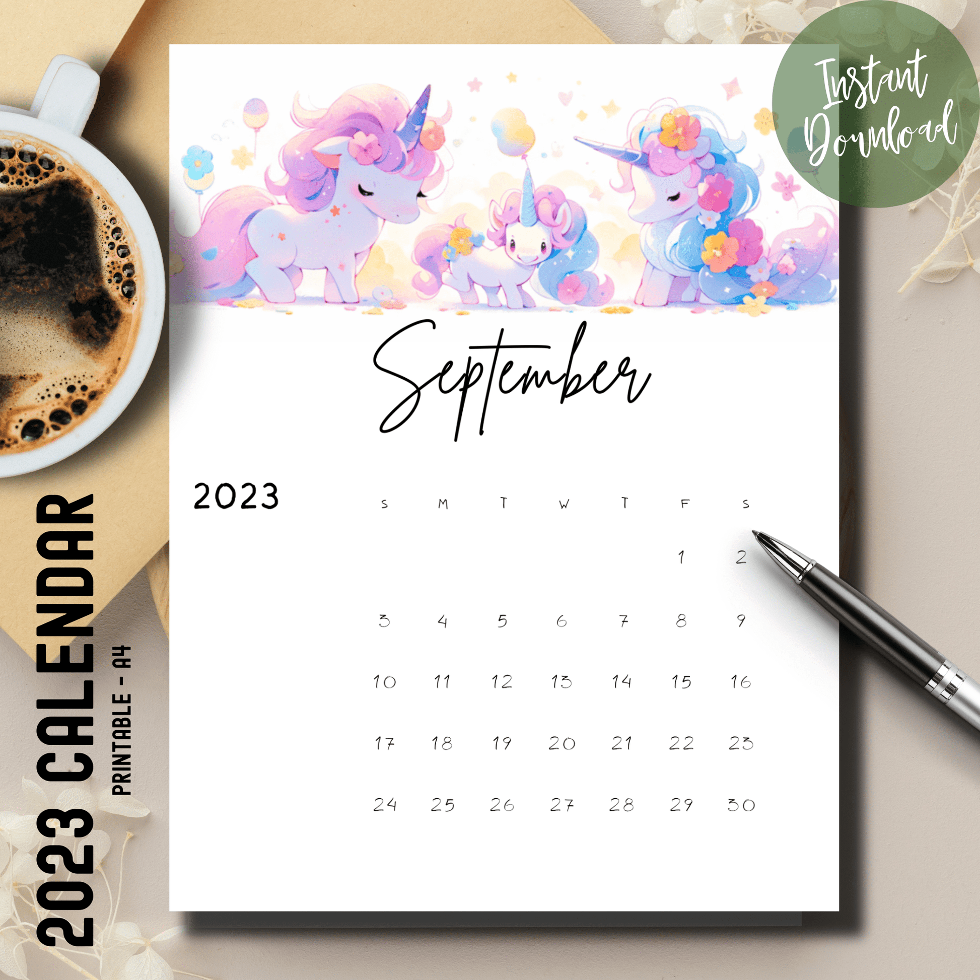Sarsari Creations' vertical A4-sized calendar for September 2023 showcasing vibrant anime unicorn illustrations.