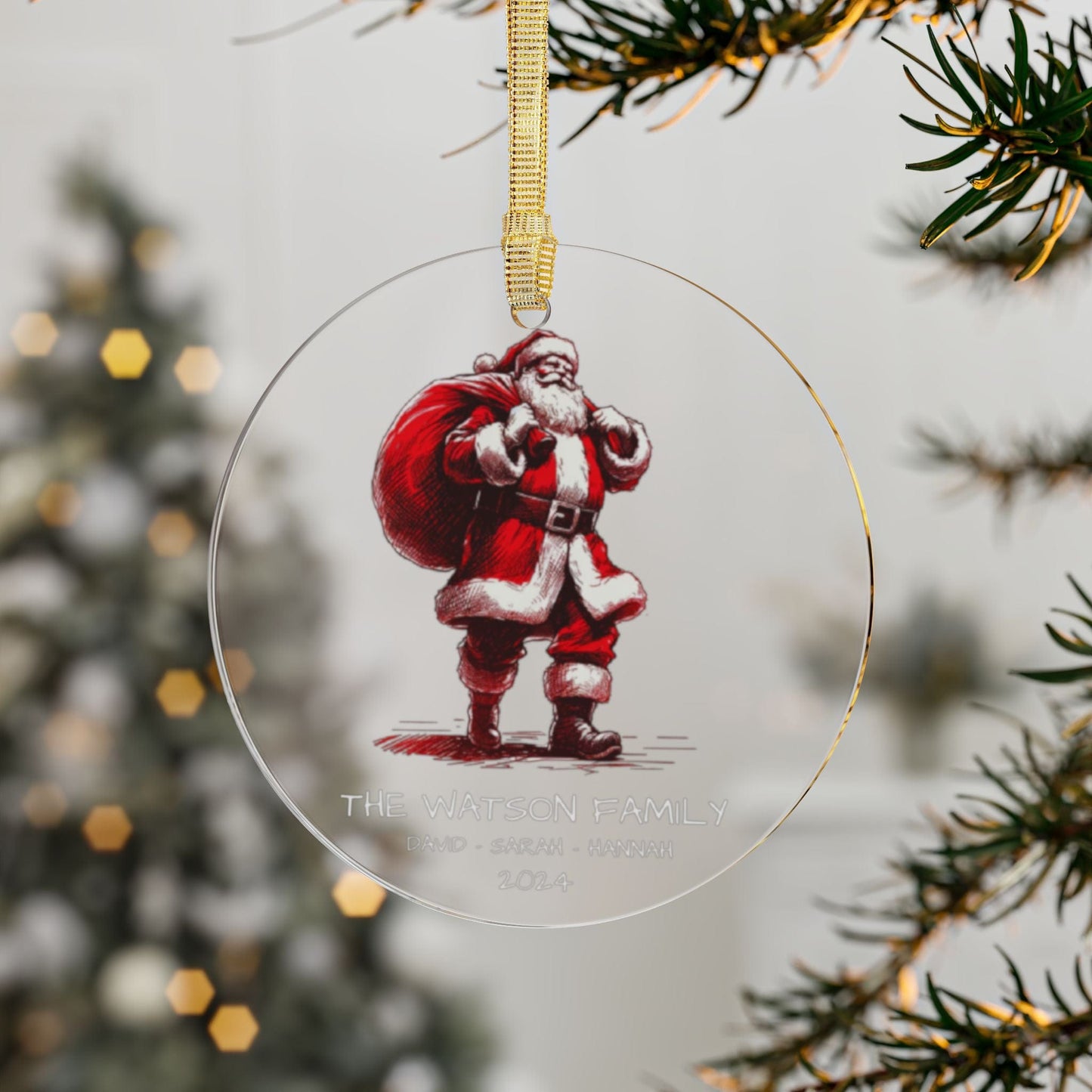 Red White Minimalist Personalized Family Acrylic Bauble 2024 with Names Walking Santa Illustrated for Christmas (3mm) - Circle Shape | Family of 3, 4, 5, 6 | New Family Gift