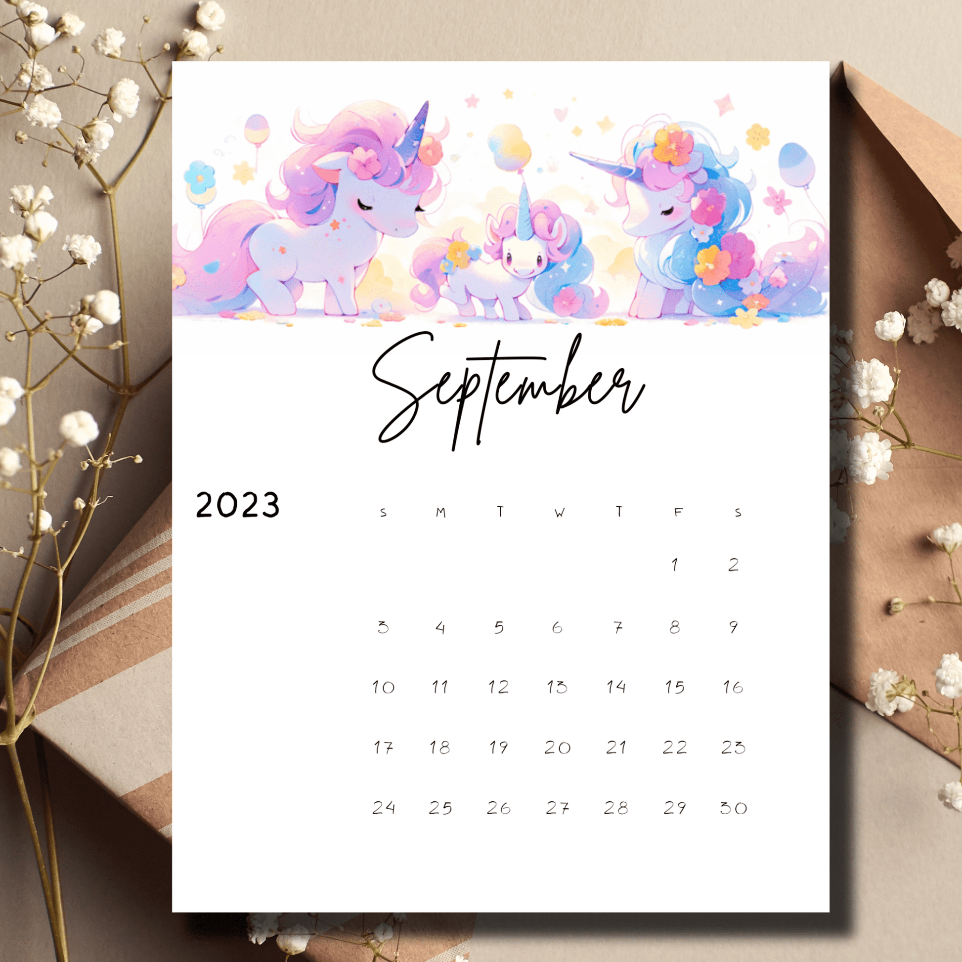 Anime-inspired unicorn themed calendar for September 2023, perfect for bullet journal enthusiasts, presented by Sarsari Creations.