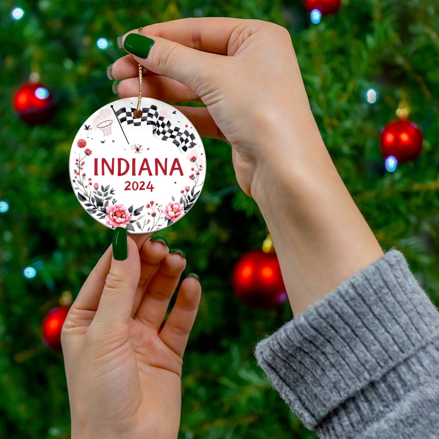 2024 INDIANA State Ceramic Ornament - Unique Artist-Designed Blue White Circle Bauble (3mm)| Year-Round Gift for Home Decor, Collectors & Travel Enthusiasts