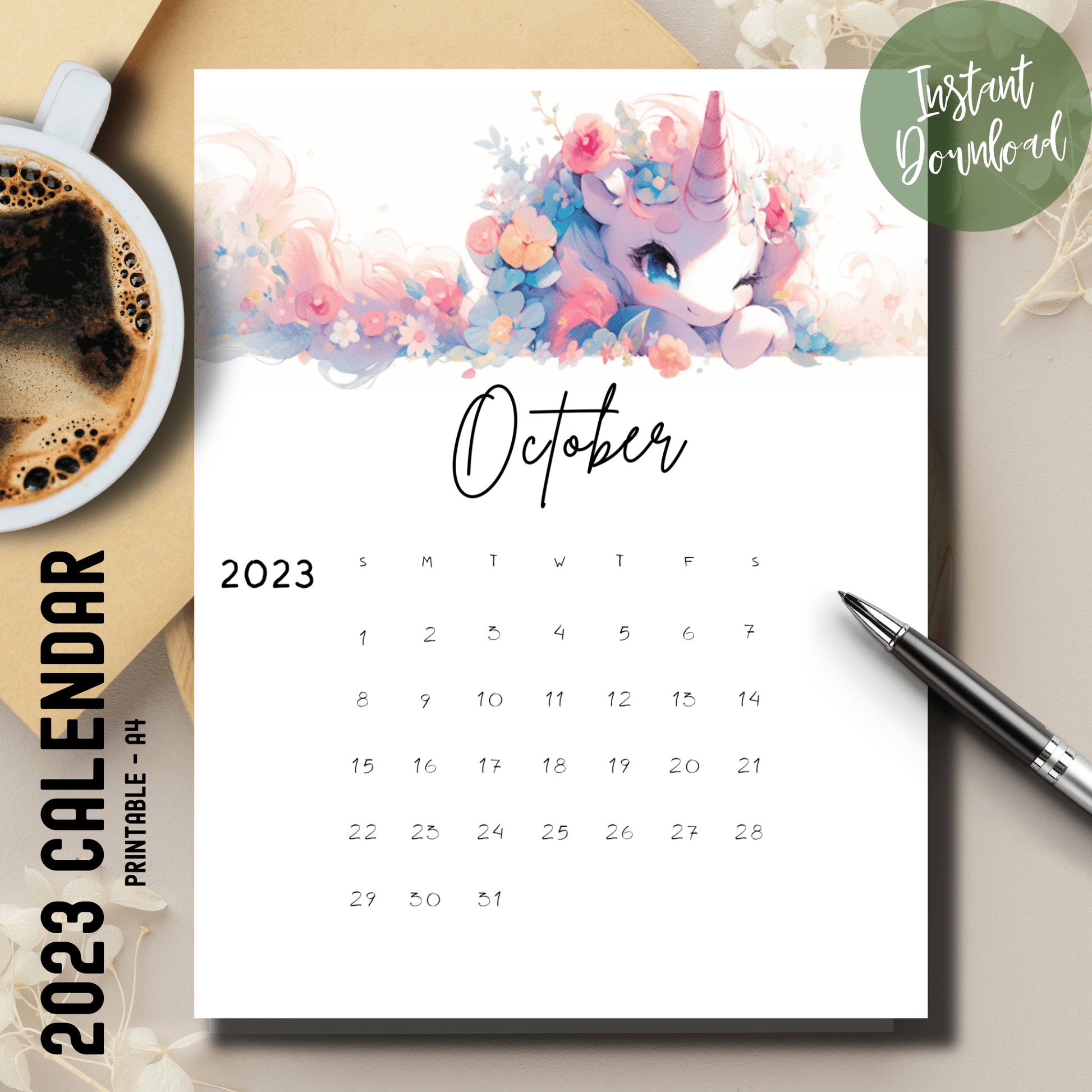 October 2023 A4-sized calendar with vibrant anime unicorn illustrations, presented by Sarsari Creations.