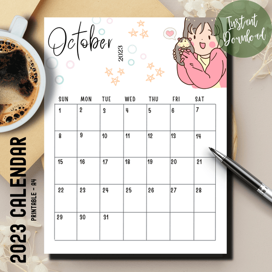 Blank October 2023 calendar in A4 size, featuring cute chibi characters, designed to make planning engaging for kids