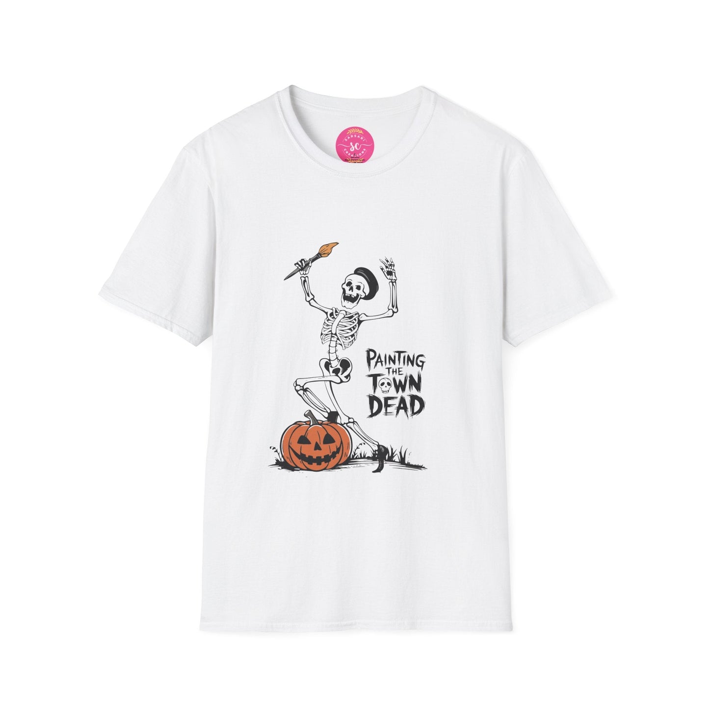 Trendy Skeleton Painter Halloween Party Classic Fit Print Tee Shirt for Women/Men S-3XL - Natural/White #G6400