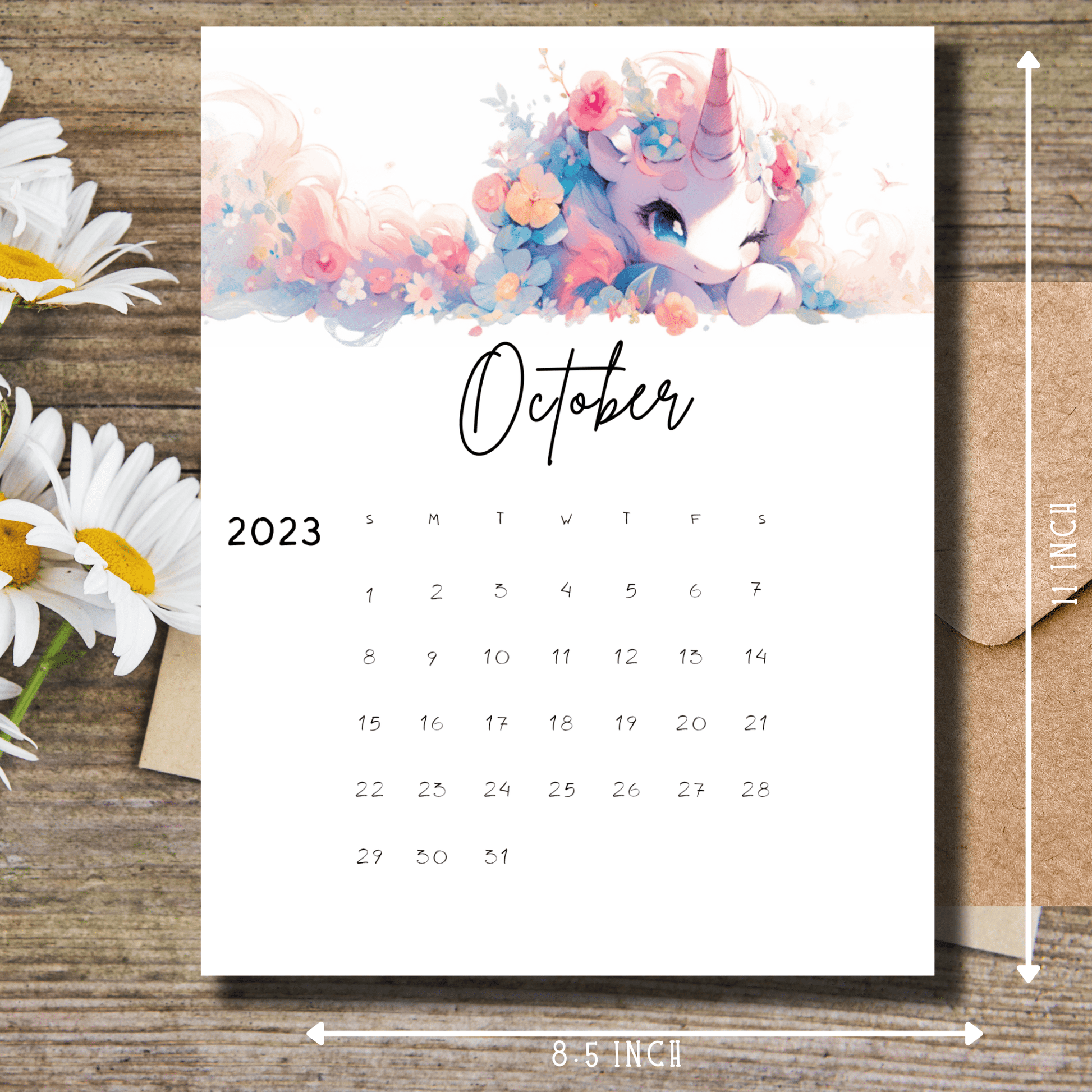 Anime unicorn-themed digital calendar for October 2023 in A4 PDF format, ready for bullet journaling, from Sarsari Creations.