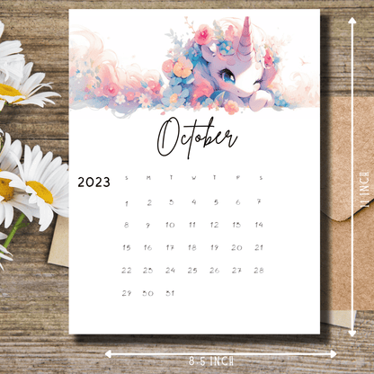 Anime unicorn-themed digital calendar for October 2023 in A4 PDF format, ready for bullet journaling, from Sarsari Creations.