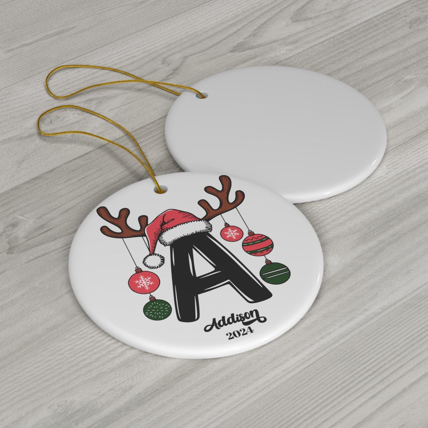 White & Black "A" Initial Monogram Custom Christmas Ceramic Ornament 2024 (3mm) - Circle Shape | Family Baby Name Keepsake Gift