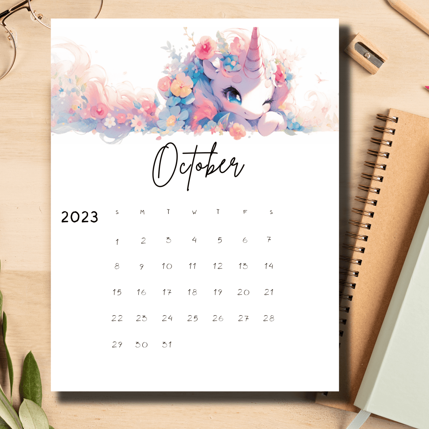 Print-ready bullet journal planner for October 2023, adorned with enchanting anime unicorn artwork, by Sarsari Creations.