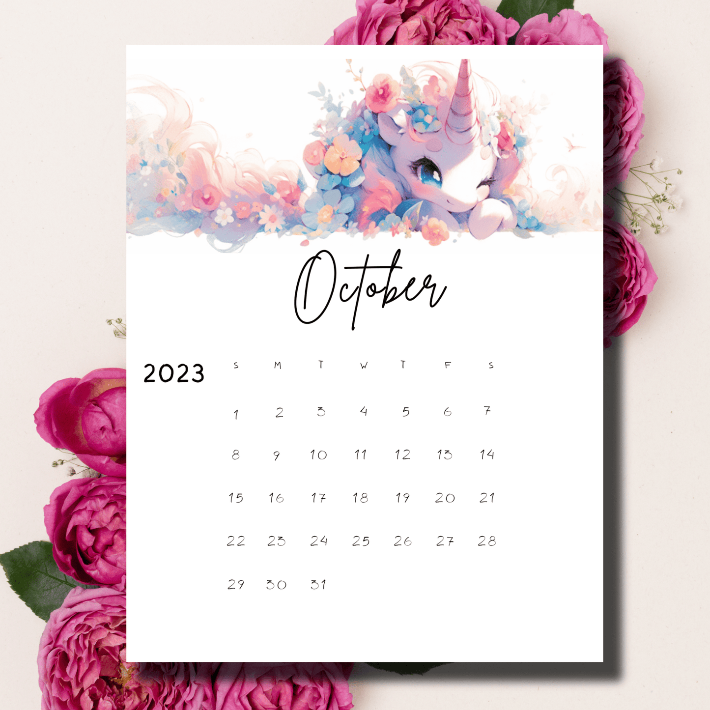 Digital download of Sarsari Creations' October 2023 calendar, uniquely designed with anime unicorn graphics for bullet journal enthusiasts.