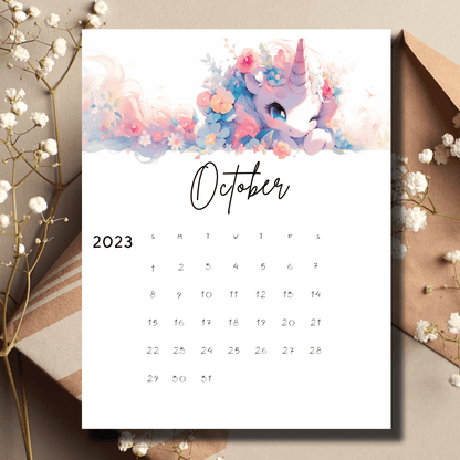 Sarsari Creations' vertical 11 x 8.5-inch calendar with a captivating unicorn design for October 2023 planning.