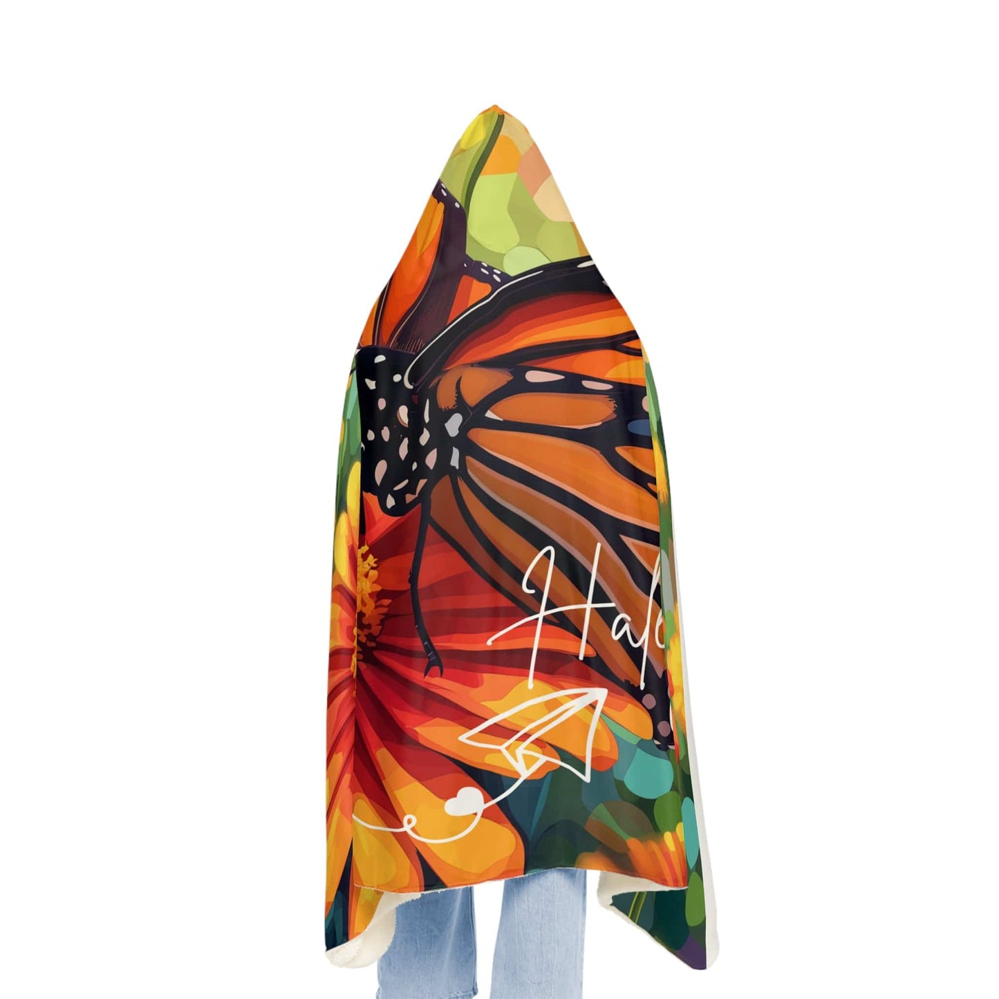 Soft Hooded Blanket Monarch Butterfly (203 x 140 cm) with Custom Name - Oversized Wearable Blanket for Women