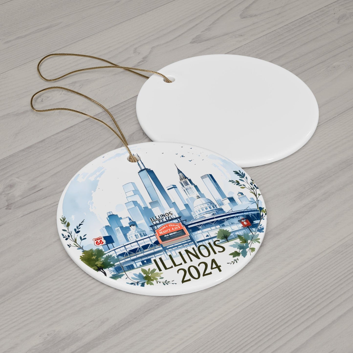 Blue White ILLINOIS State Flat Ceramic Bauble 2024 for Christmas (3mm) - Circle Shape | Artist-Designed Flat Circle | Unique Gift Ideas for Family, Friends & Coworkers