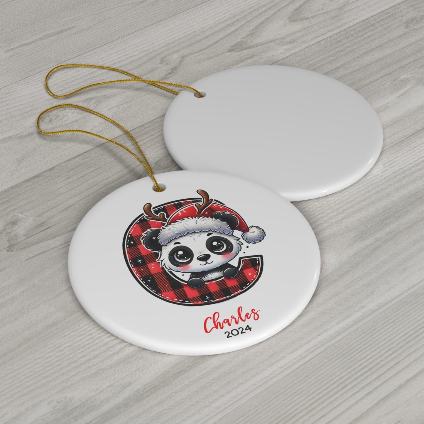 Red & Black Plaid Panda "C" Alphabet Letter Custom Christmas Ornament 2024 (3mm) - Circle Shape | Personalized Name Keepsake Gift