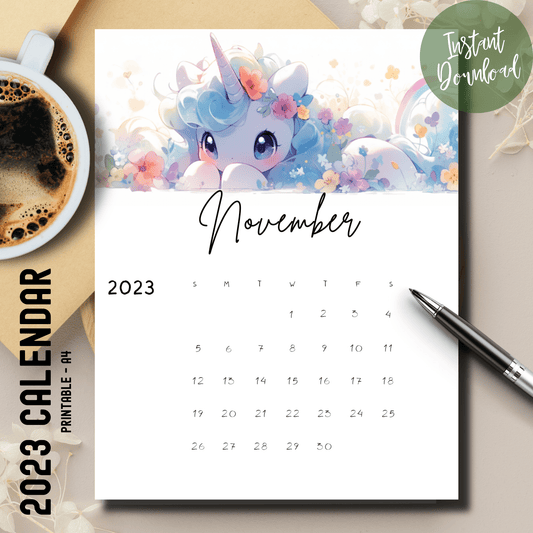 Sarsari Creations' November 2023 vertical calendar with vibrant anime unicorn artwork, suitable for A4 printing.