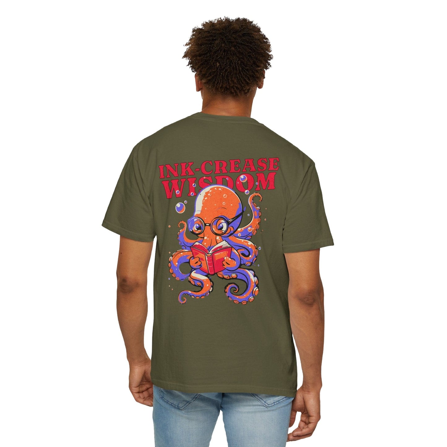 Sarcastic Reading Octopus Cotton Graphic Tee Back Print Oversized Unisex - Sage/Blossom, Gift for Book Lovers