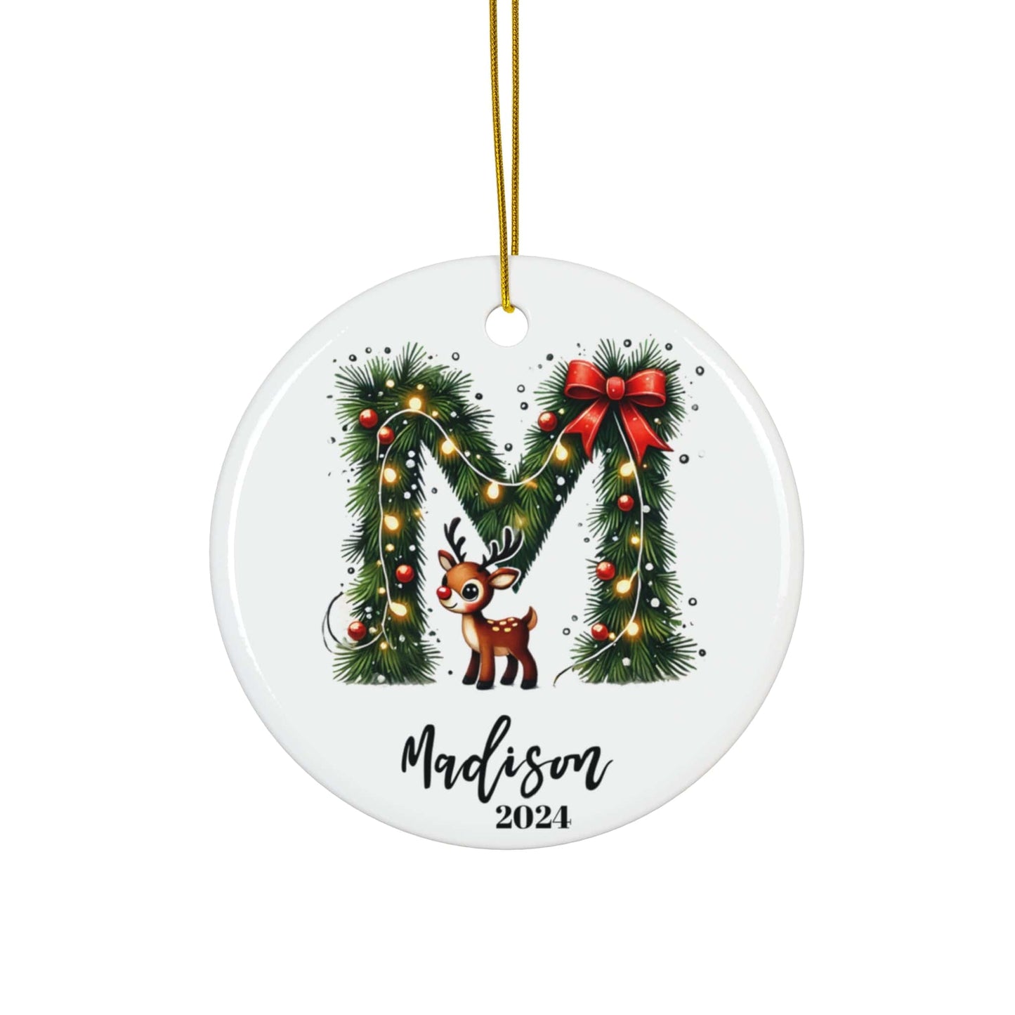 Green Black Reindeer Themed "M" Monogram Letter Initial with Custom Name Flat Circle Ceramic Ornament for Christmas 2024 (3mm) | Xmas Tree Hanging Holiday Souvenir for Couples