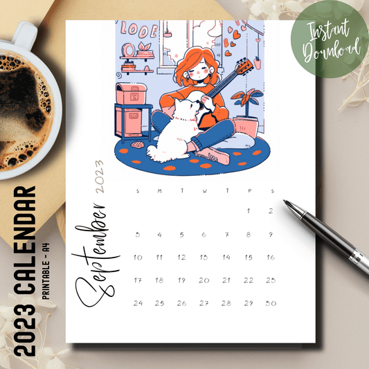 Girl playing guitar alongside her dog on Sarsari Creations' vertical A4 calendar for September 2023, optimized for bullet journaling and digital download.