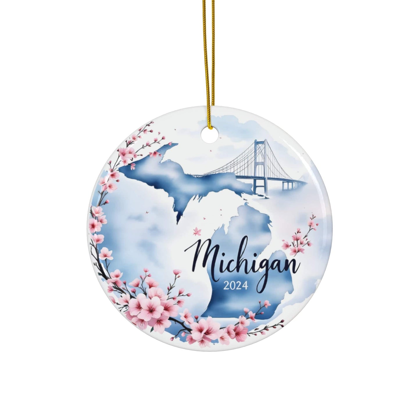 2024 MICHIGAN State Ornament - Blue White Ceramic Circle Bauble (3mm) | Unique Artist-Designed Gift for Christmas, Home Decor, Collectors & Travel Enthusiasts