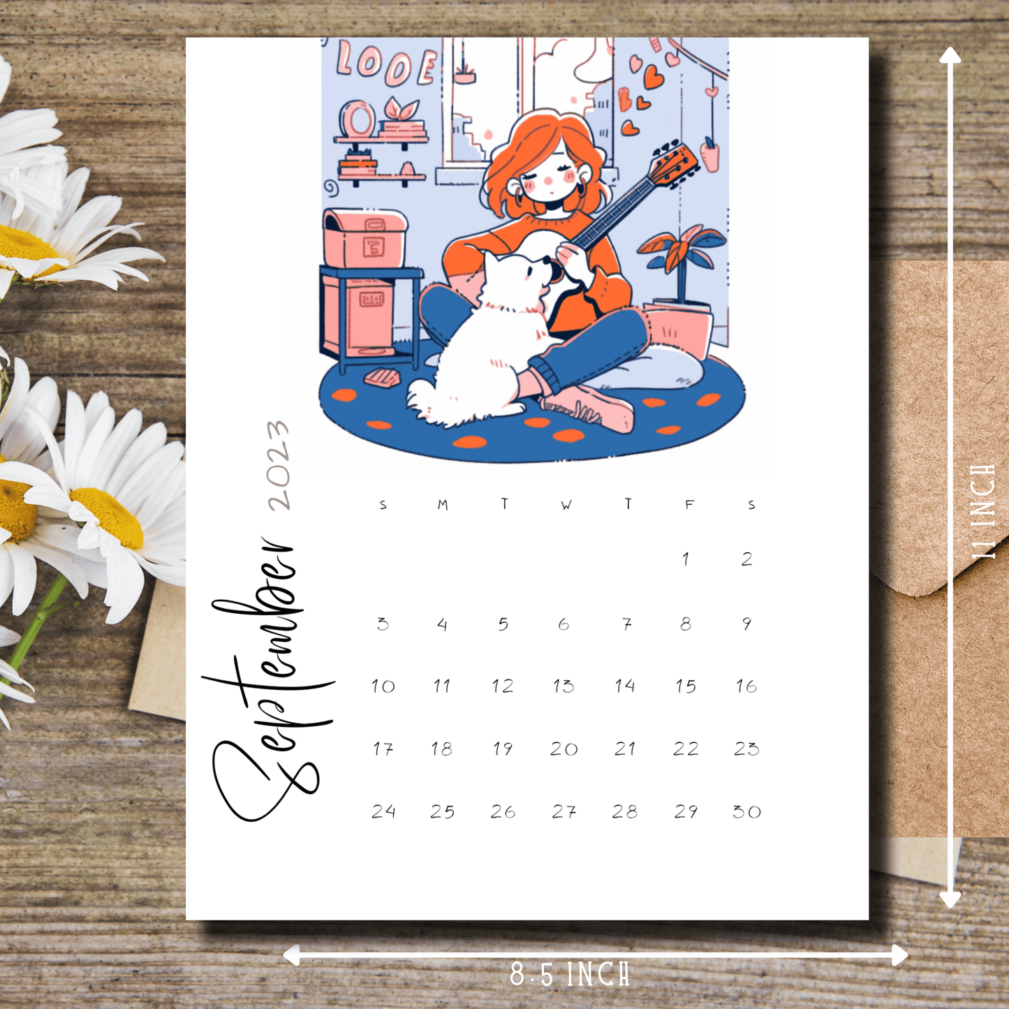 Illustration of a girl strumming a guitar with her loyal dog beside her, featured in Sarsari Creations' September 2023 A4 calendar.