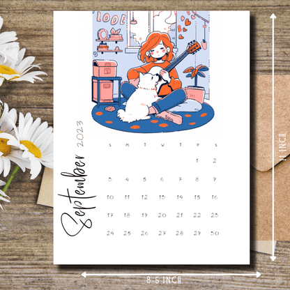 Illustration of a girl strumming a guitar with her loyal dog beside her, featured in Sarsari Creations' September 2023 A4 calendar.