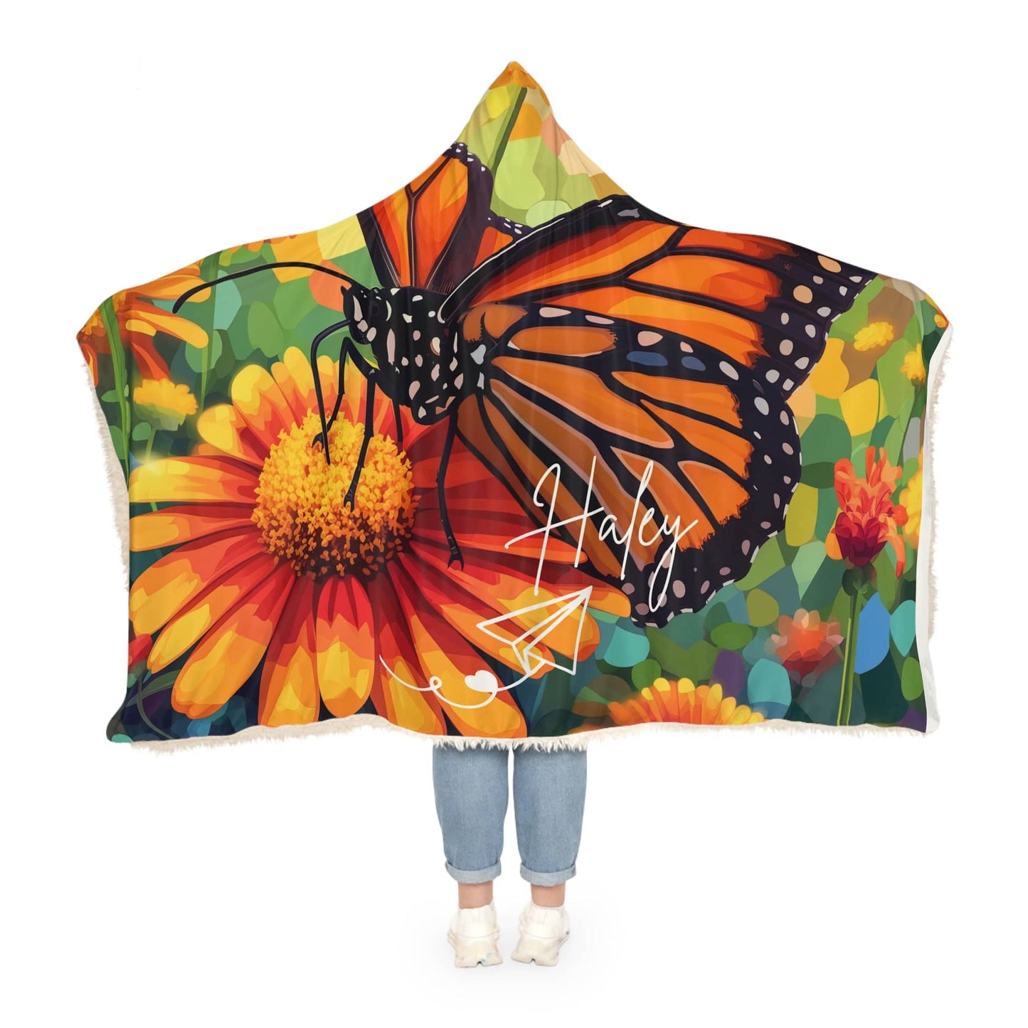 Soft Hooded Blanket Monarch Butterfly (203 x 140 cm) with Custom Name - Oversized Wearable Blanket for Women