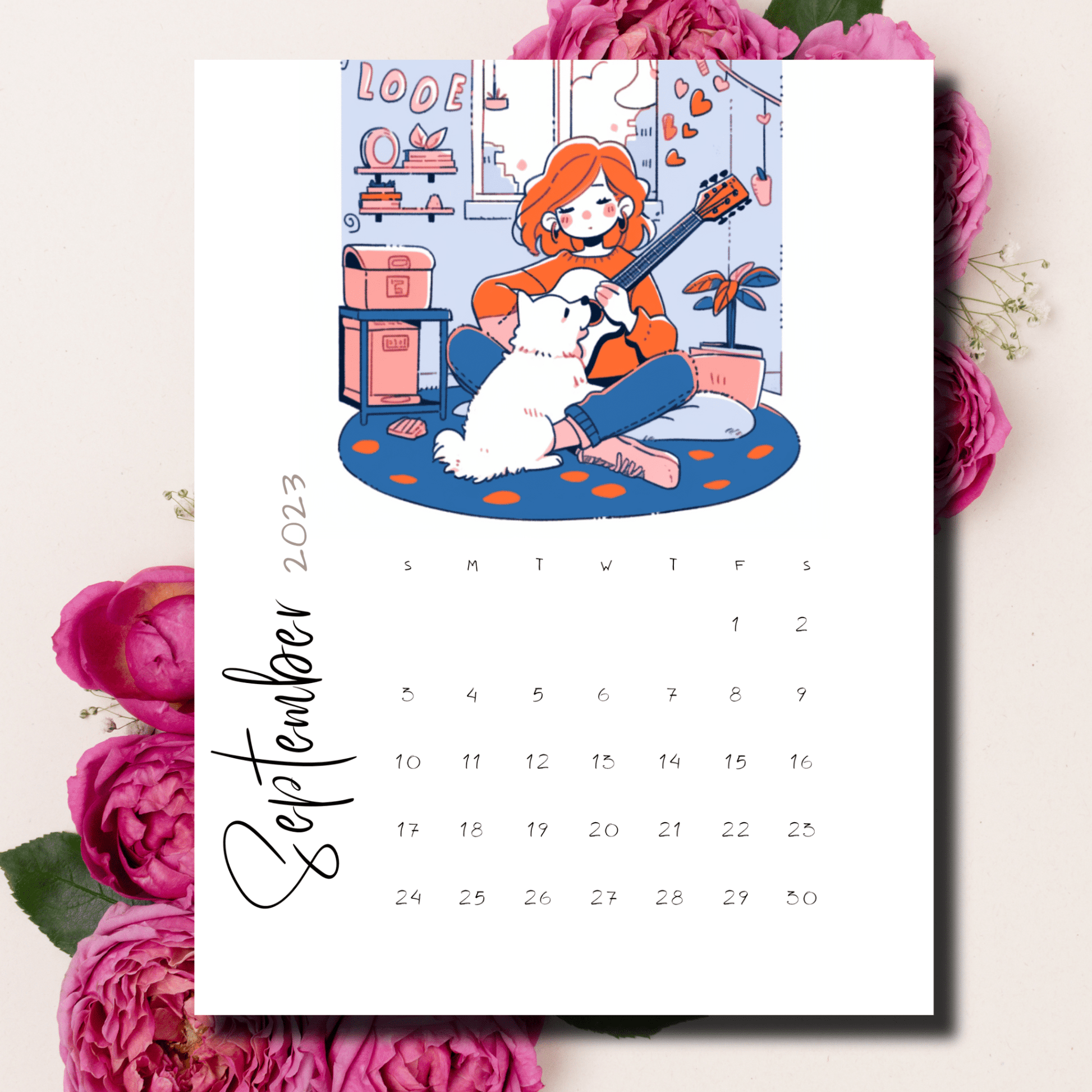 Unique September 2023 printable calendar by Sarsari Creations, showcasing a girl playing guitar and her dog listening attentively