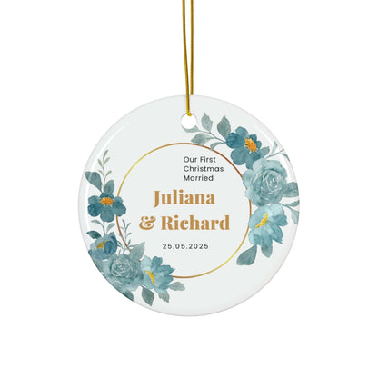 White Turquoise Floral Customized Mr & Mrs First Christmas w/Name and Date Flat Circle Ceramic Ornament 2024 (3mm) | Keepsake Gift for Newlyweds