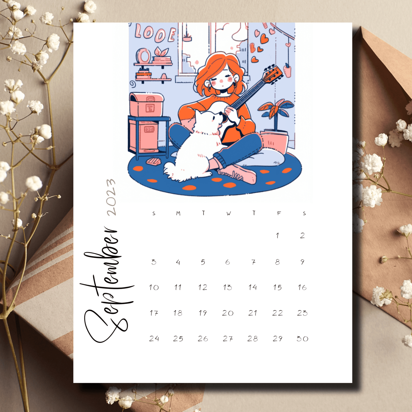 Digital download calendar for September 2023 by Sarsari Creations, ideal for bullet journaling and featuring artwork of a girl with a guitar and her dog.