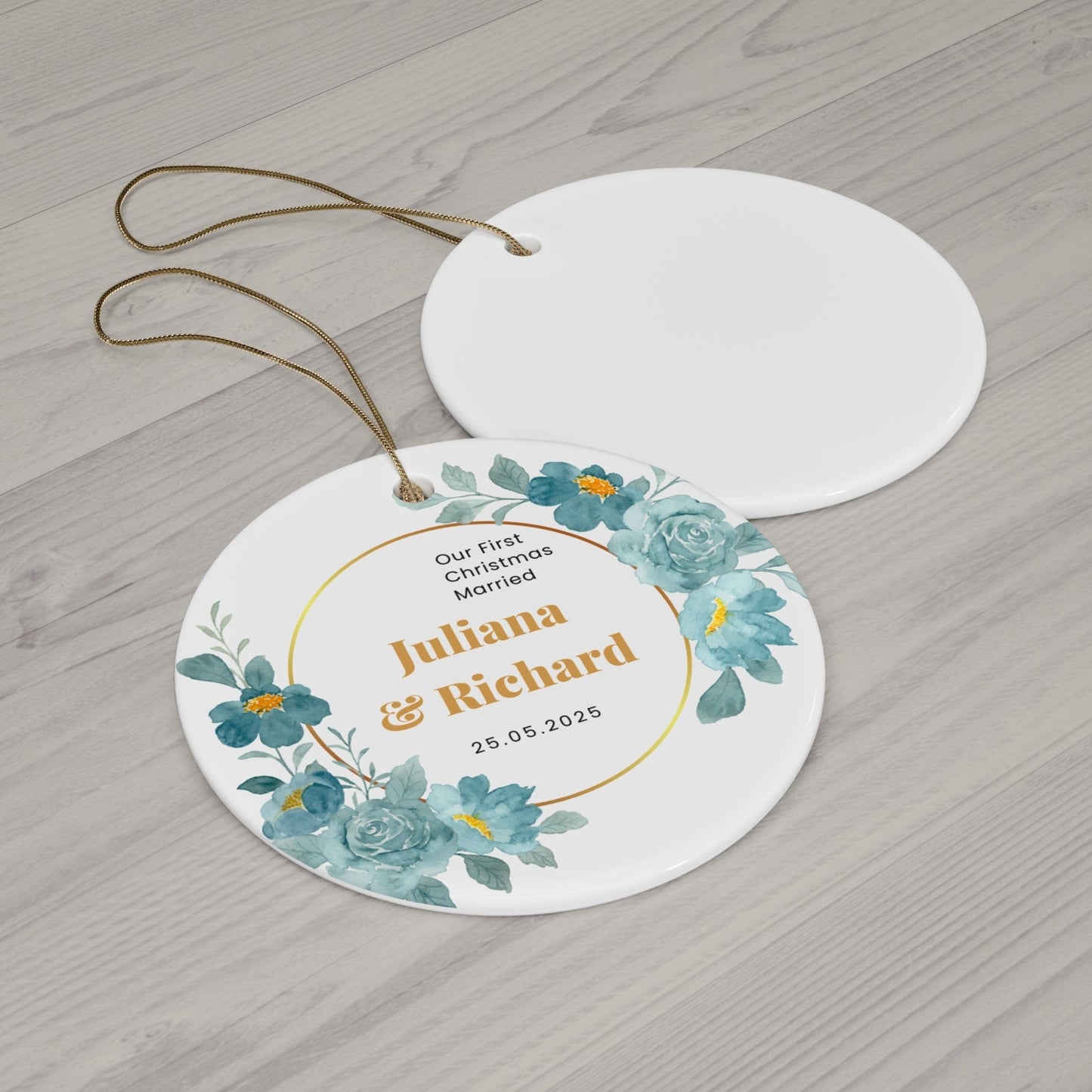 White Turquoise Floral Customized Mr & Mrs First Christmas w/Name and Date Flat Circle Ceramic Ornament 2024 (3mm) | Keepsake Gift for Newlyweds