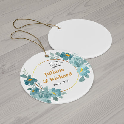 White Turquoise Floral Customized Mr & Mrs First Christmas w/Name and Date Flat Circle Ceramic Ornament 2024 (3mm) | Keepsake Gift for Newlyweds