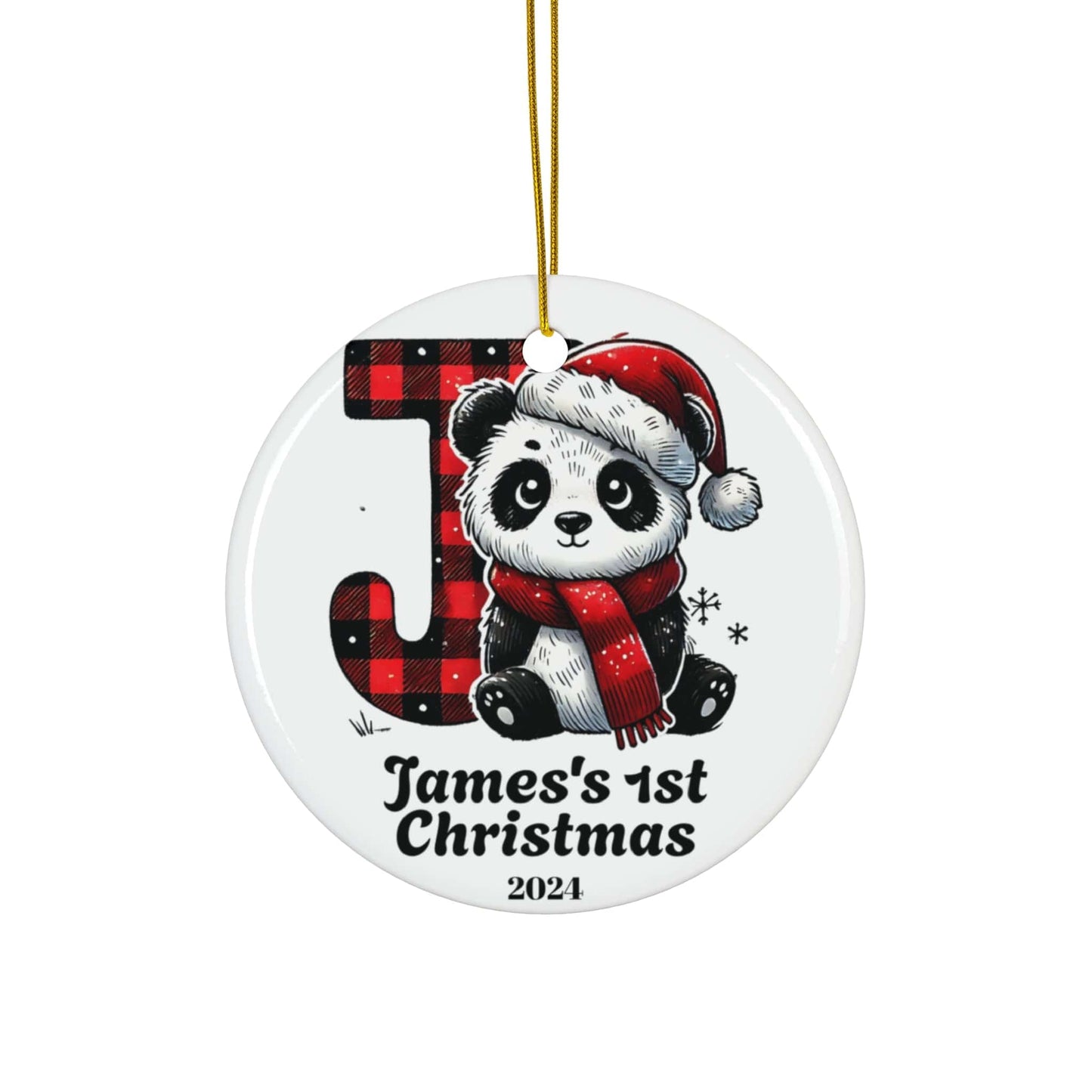 Red Black Custom Name Panda Themed "J" Initial Monogram Flat Circle Ceramic Ornament 2024 (3mm) | Family Baby Name Keepsake Gift