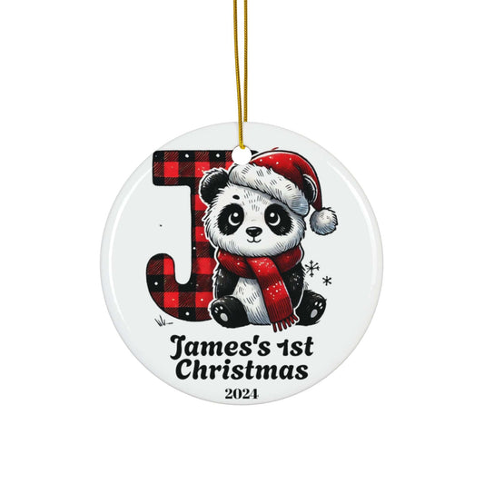 Red Black Custom Name Panda Themed "J" Initial Monogram Flat Circle Ceramic Ornament 2024 (3mm) | Family Baby Name Keepsake Gift