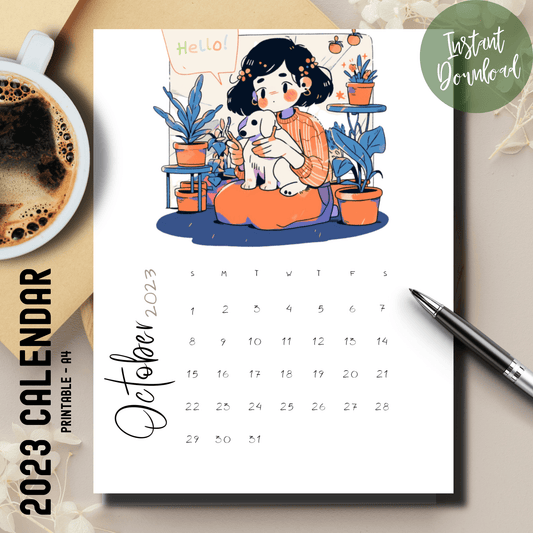 Girl playing with her dog in a lovingly-illustrated scene for Sarsari Creations' October 2023 vertical A4 calendar