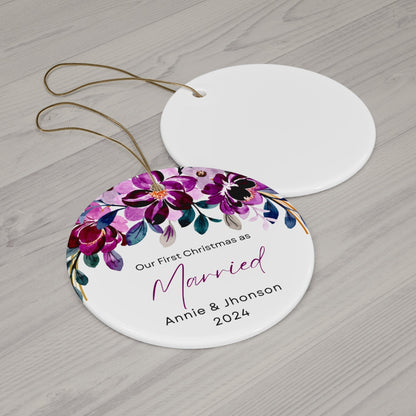 Purple White Minimalist Married Mr Mrs Customized Circle Ceramic Bauble for Christmas 2024 (3mm) | Husband & Wife Wedding Gift First Christmas Tree