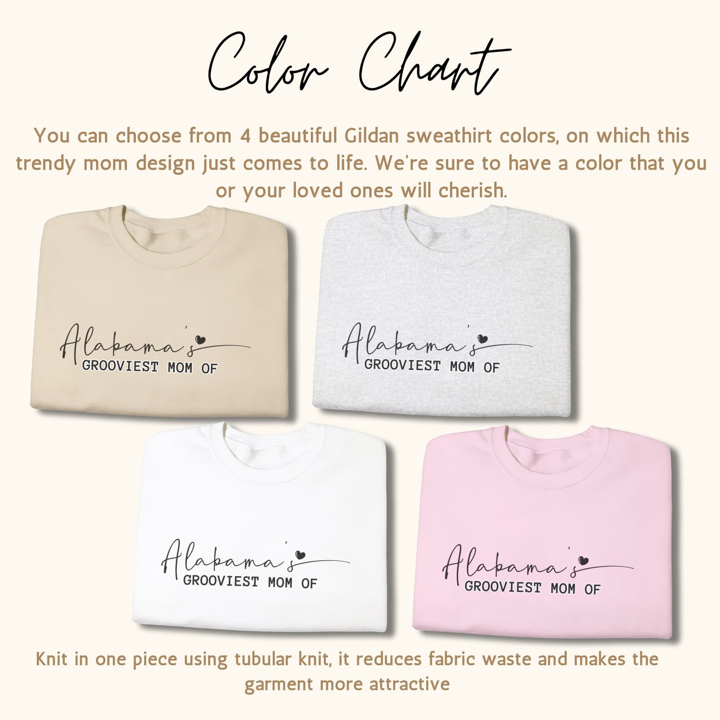 Color options for Alabama's Custom Mom Crewneck Sweatshirt, showcasing the variety of available hues.