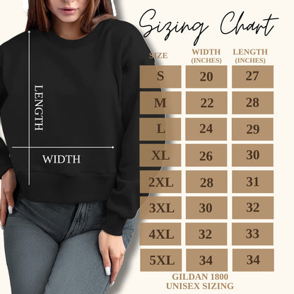 Size guide for Alabama's Custom Mom Crewneck Gildan Sweatshirt, showing available sizes for a perfect fit.