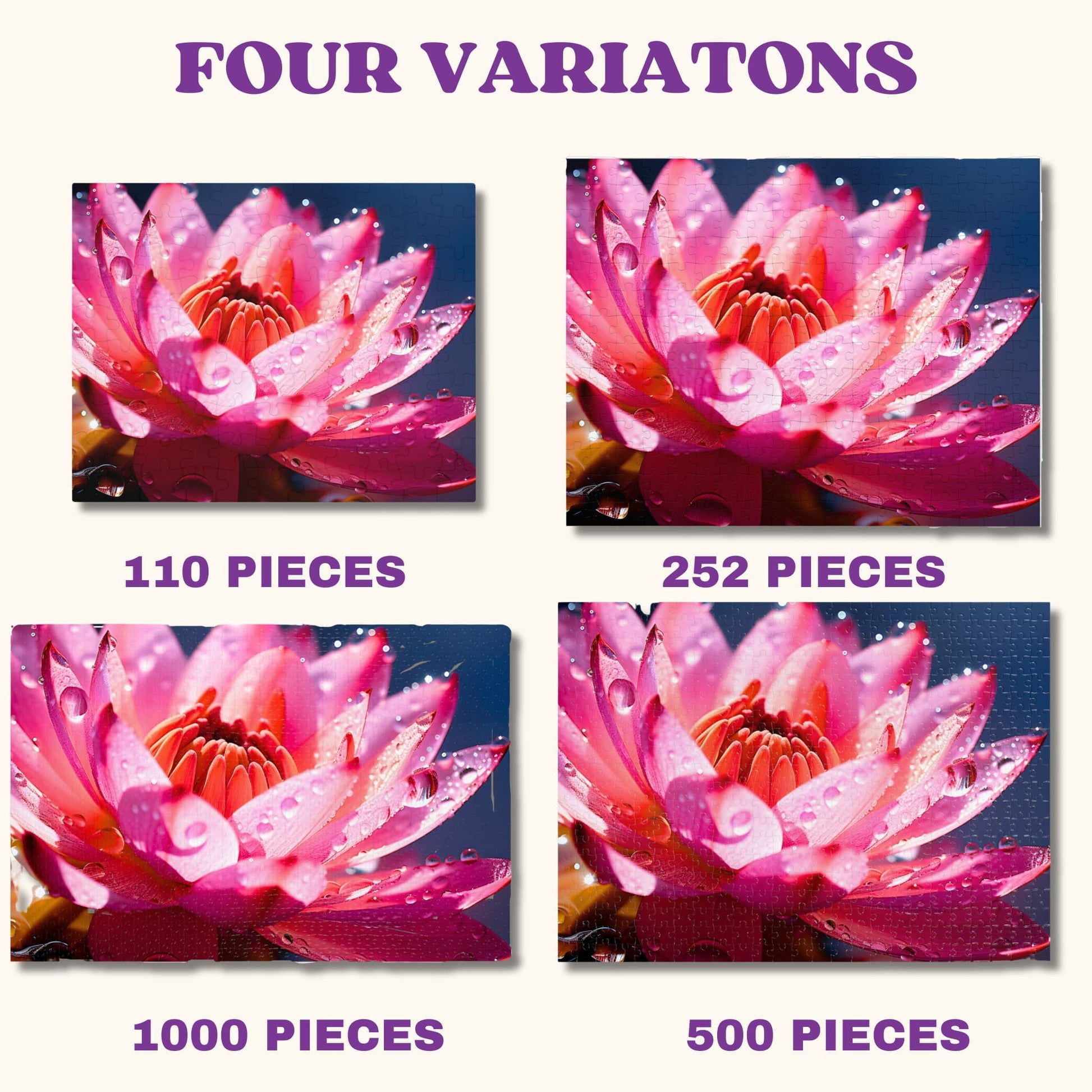 Array of available puzzle variations, showcasing different stunning designs of the pink lotus flower and nature-themed puzzles in 1000 pieces.