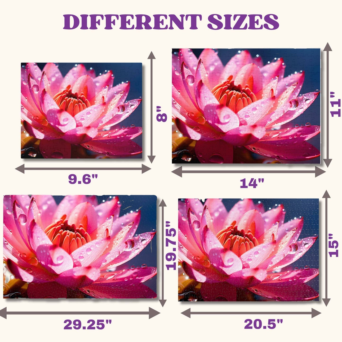 Visual guide displaying the various size options for the pink lotus flower jigsaw puzzles, suitable for different age groups and skill levels.