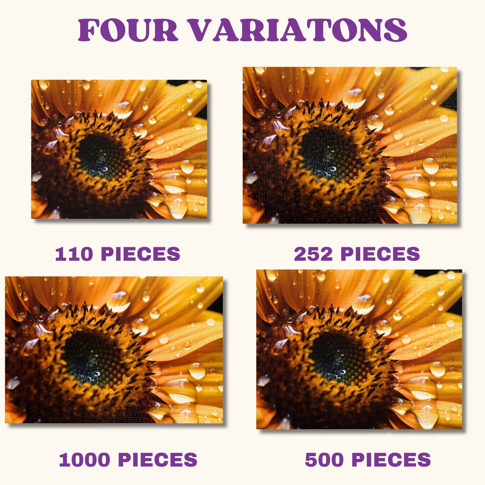 A selection of Bold and Beautiful Jigsaw Puzzles, presenting variations of meticulously illustrated sunflowers in multiple puzzle options.