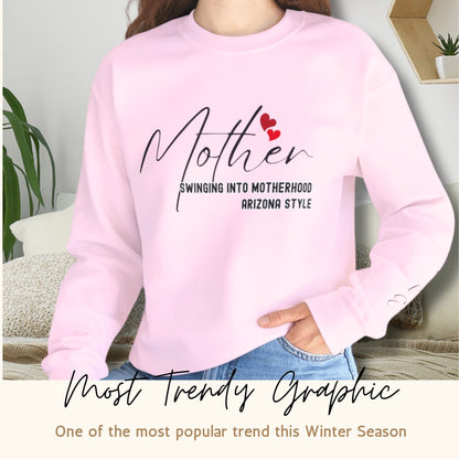Lifestyle image of a woman wearing the Custom Baseball Mom Sweatshirt with trendy graphic text, illustrating a fashionable and casual style.