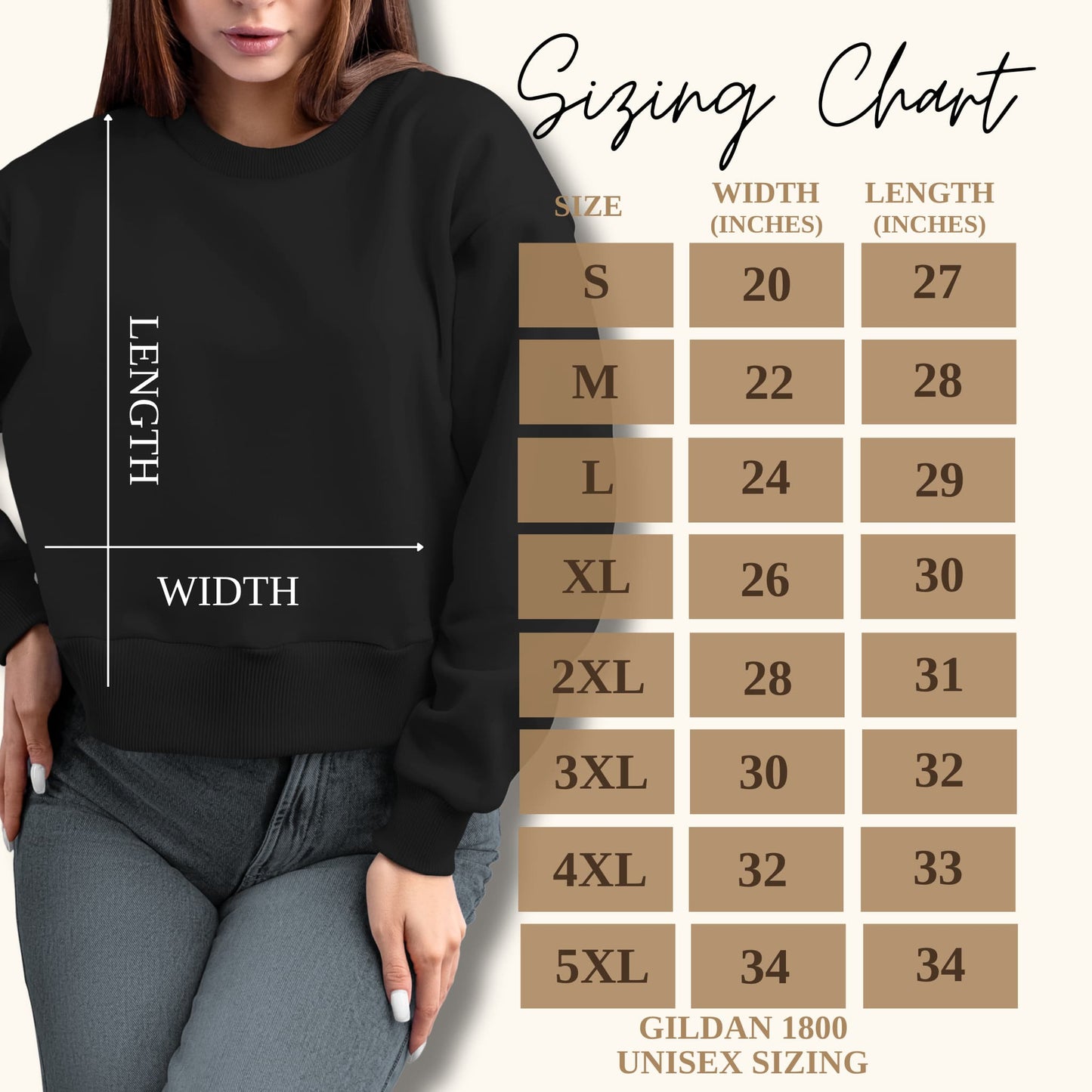 Size guide for the Custom Baseball Mom Gildan Long Sleeves Sweatshirt, providing options for a perfect fit.