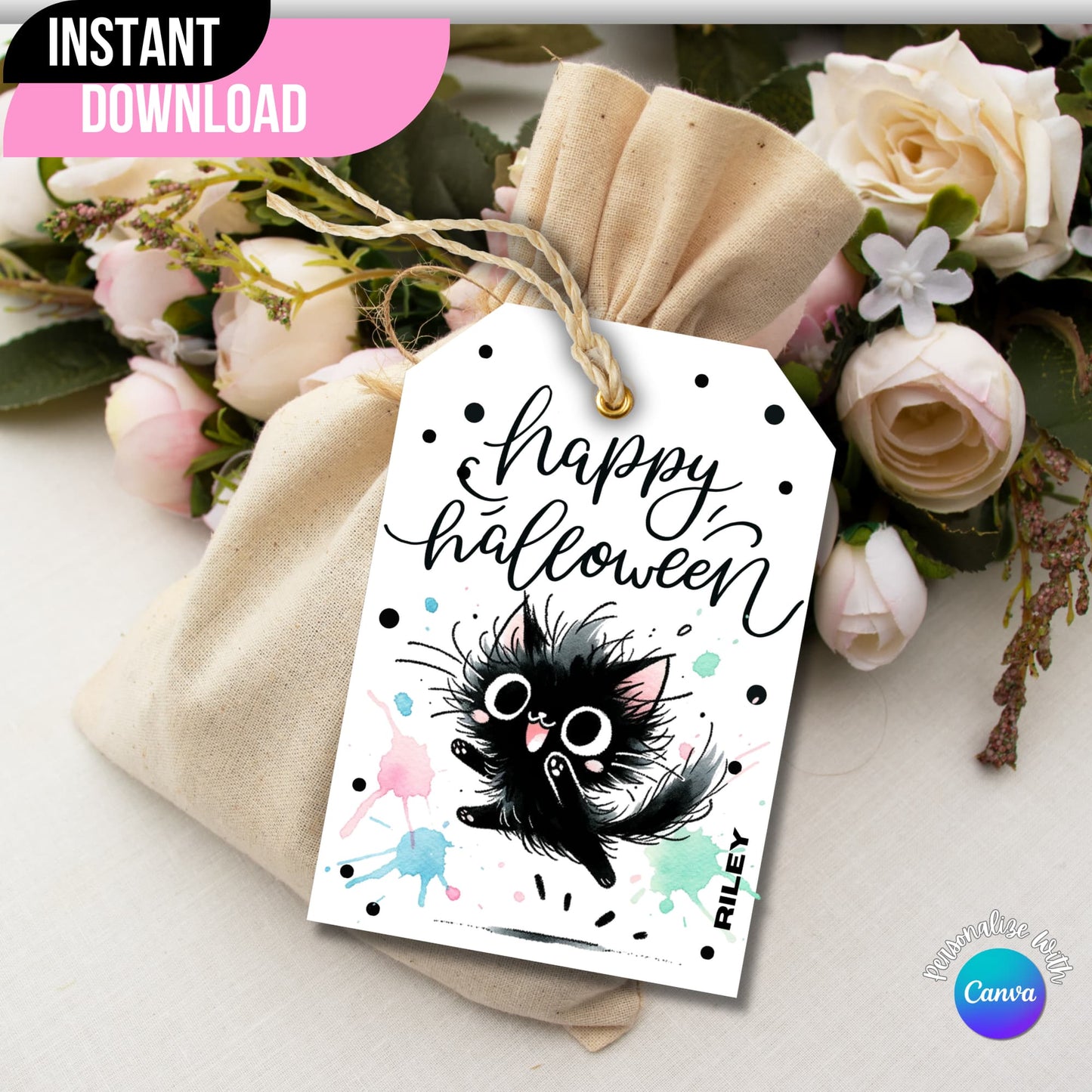 Black and white printable Halloween tag adorning a gift bag with floral accents