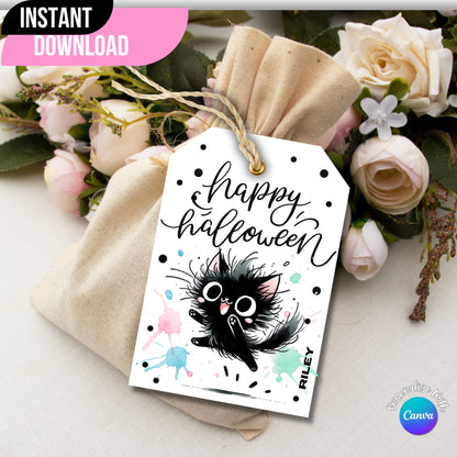 Black and white printable Halloween tag adorning a gift bag with floral accents