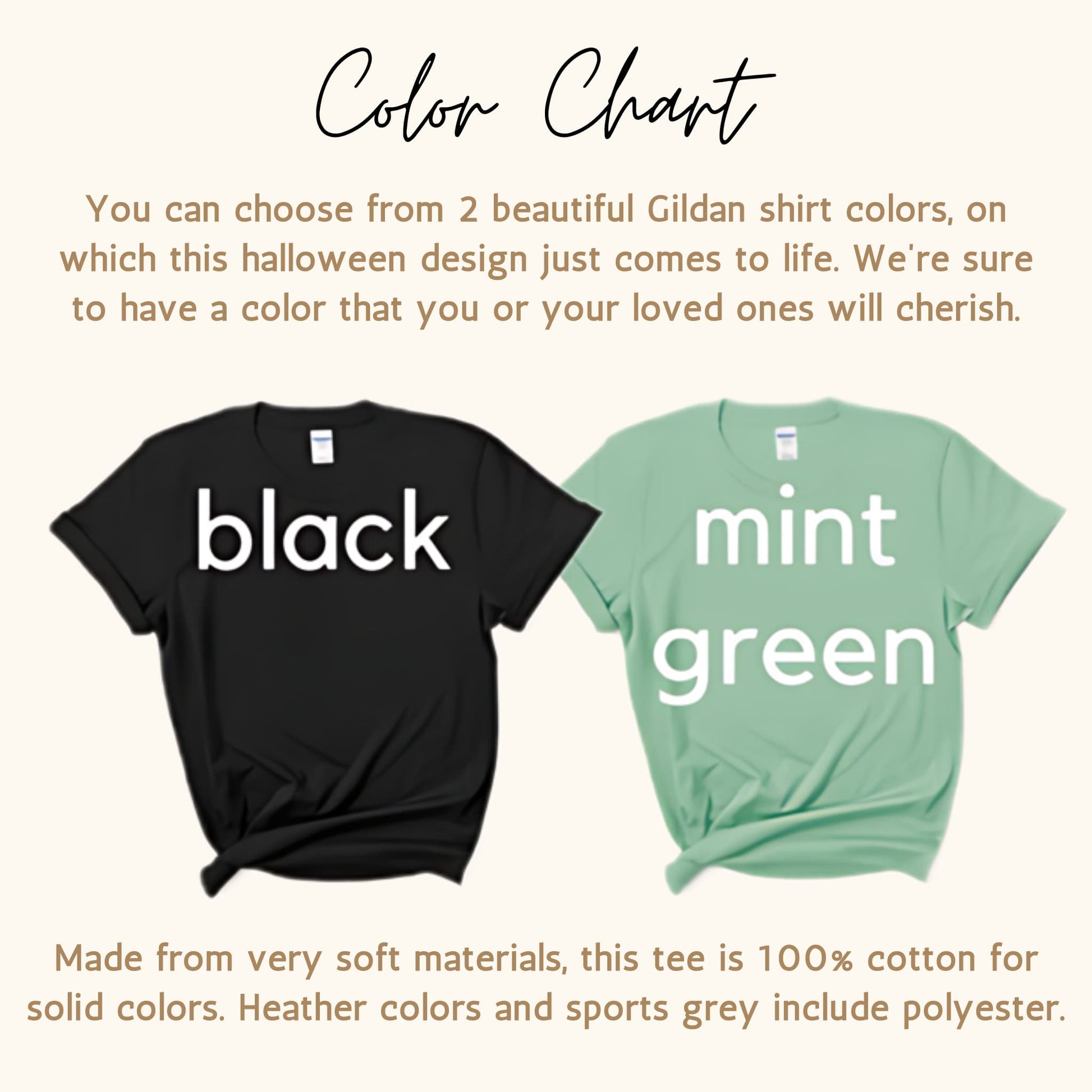 Color chart for Halloween t-shirts: black and mint green Gildan options. Text describes 100% cotton material for solid colors.