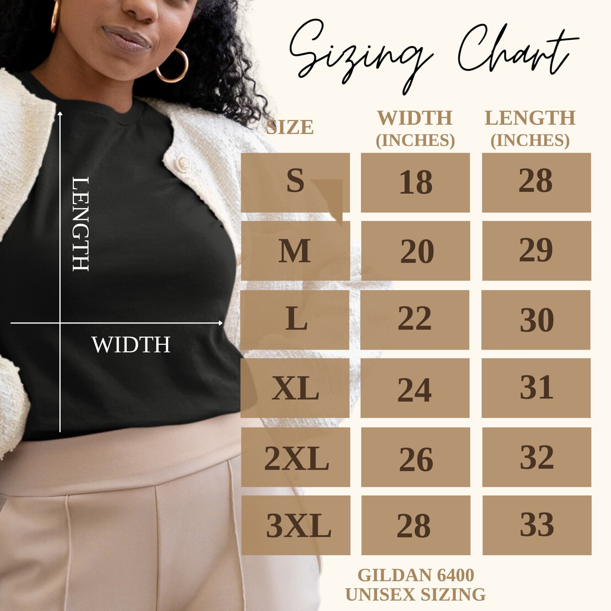 Sizing chart for Gildan 6400 unisex t-shirts. Shows width and length in inches for sizes S to 3XL. Model wearing black shirt demonstrates measurements.